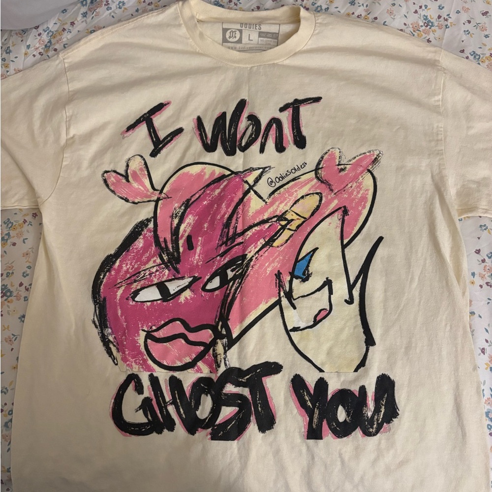 Cream Graphic T-Shirt with Pink and Black Design